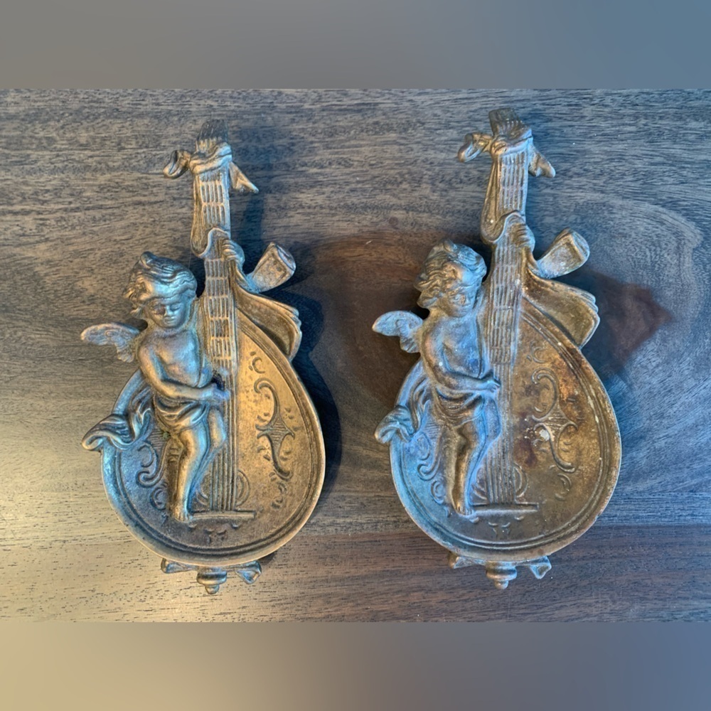 Pair Trinket Dish Cherub Cello Brass Patina Art Deco Ring Dish Vide Poche